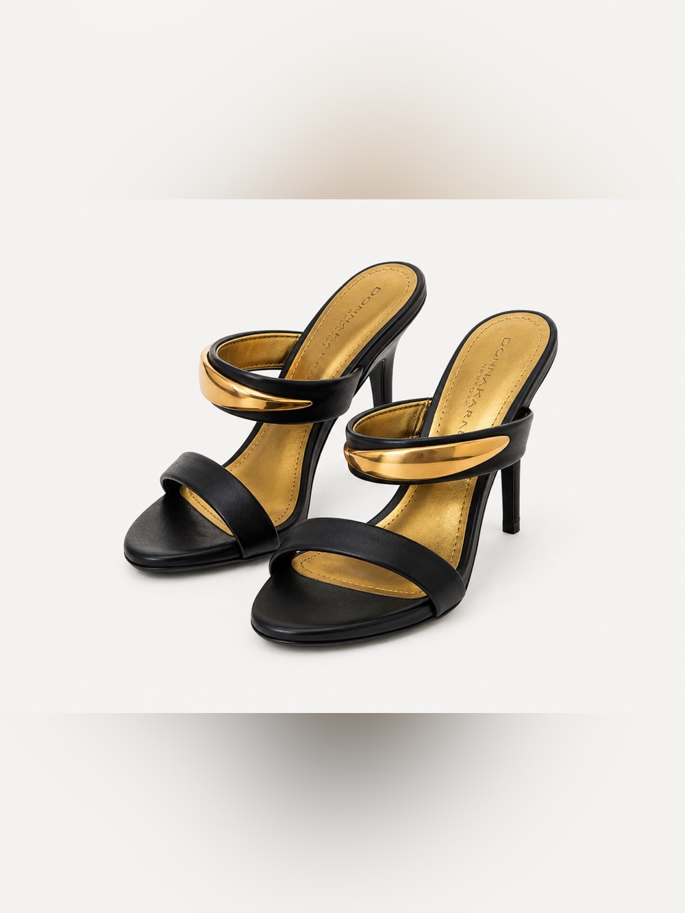 Donna Karan Viral Gold Cuff Heels Black Leather Mule Sandals Size 6.5
